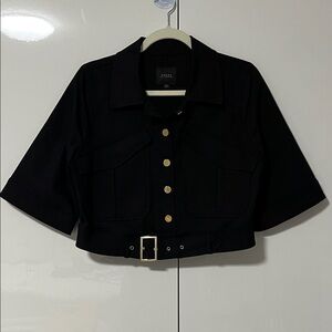 Guess NWOT Black Belted Blazer Jacket Cropped Short Sleeve Gold Buttons, Size M